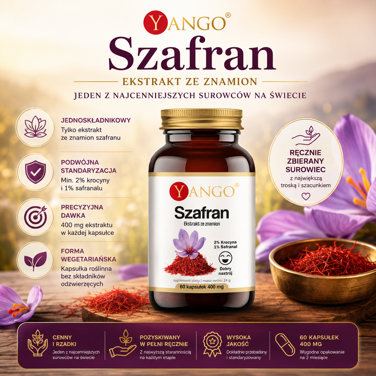 Opakowanie suplementu diety z szafranem, z informacjami o składzie i zaletach produktu, kwiaty szafranu w tle.