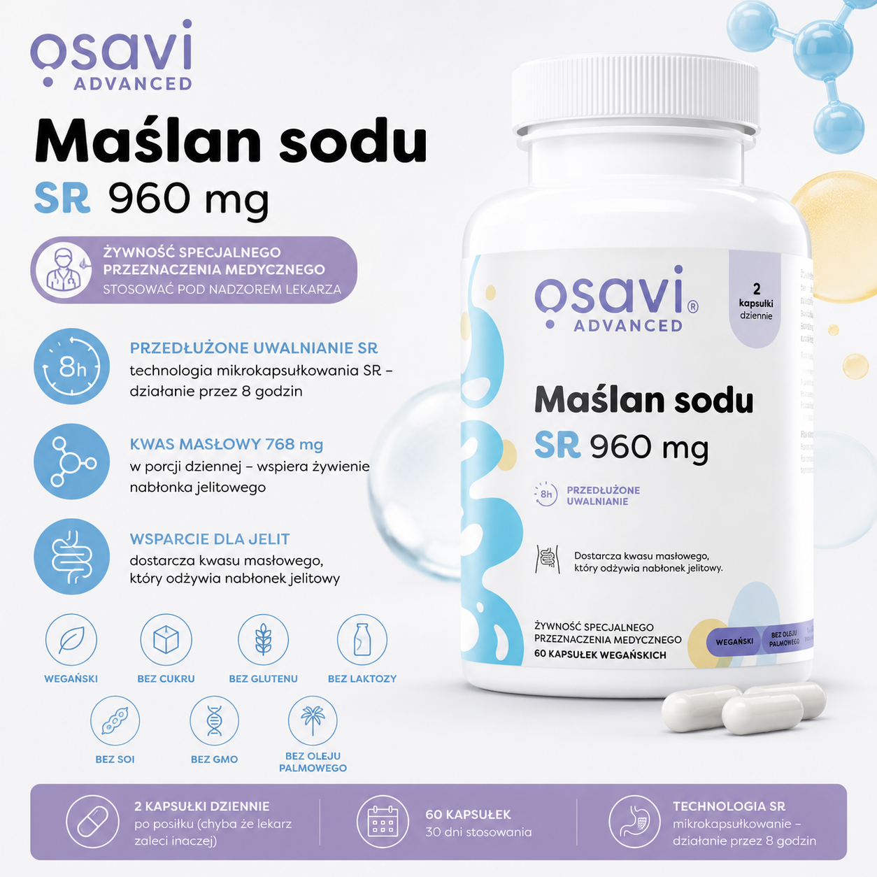 Advanced Maślan Sodu SR 960 mg – żywność specjalnego przeznaczenia medycznego, 60 kapsułek wegańskich, z kwasem masłowym o przedłużonym uwalnianiu.