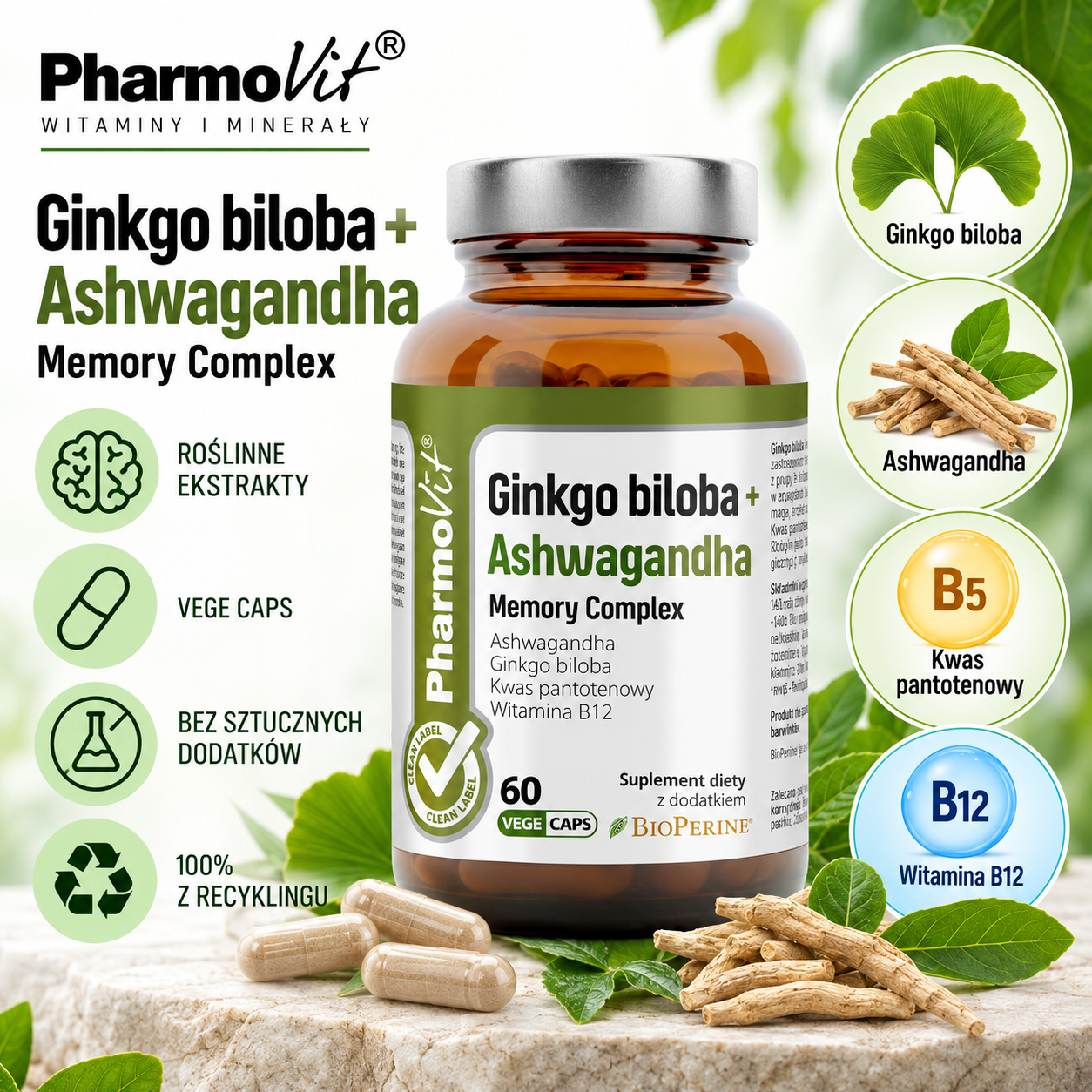 PharmoVit Ginkgo biloba + Ashwagandha Memory Complex – suplement diety, 60 kapsułek wegańskich, z ekstraktami z ginkgo biloba i ashwagandhy oraz witaminami B5 i B12.