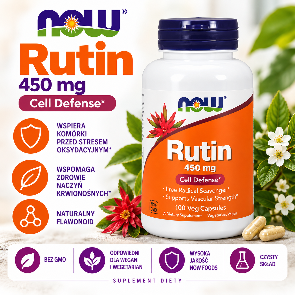 NOW Foods Rutin 450 mg – suplement diety, 100 kapsułek roślinnych, zawierający rutynę, naturalny flawonoid.
