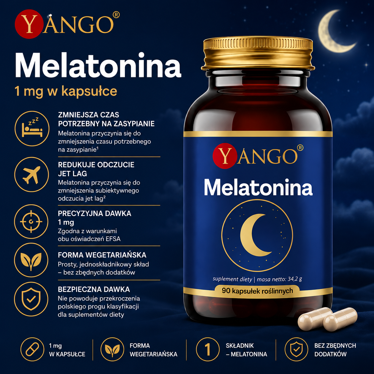 Melatonina 1 mg, 90 kapsułek roślinnych – suplement diety z melatoniną wspierającą skrócenie czasu potrzebnego na zaśnięcie i łagodzenie subiektywnego odczucia jet lag, w formule wegetariańskiej bez zbędnych dodatków.