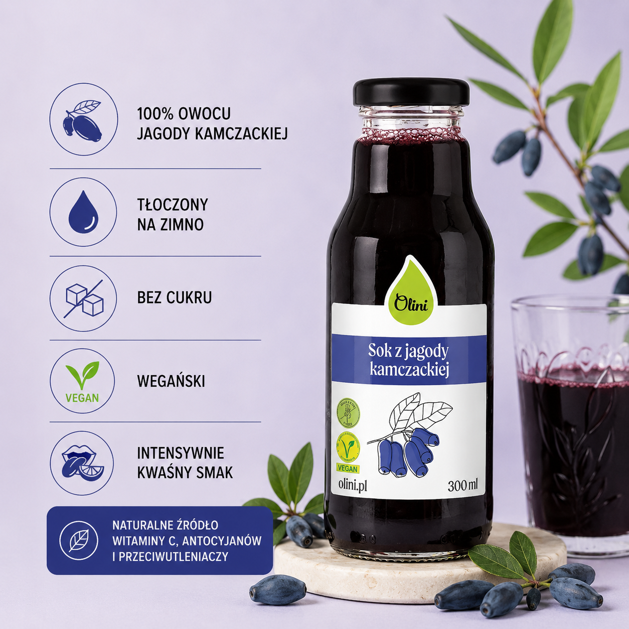 Sok z jagody kamczackiej Olini 300 ml – 100% soku z owoców jagody kamczackiej, tłoczony na zimno, bez dodatku cukru, wegański, o intensywnie kwaśnym smaku.