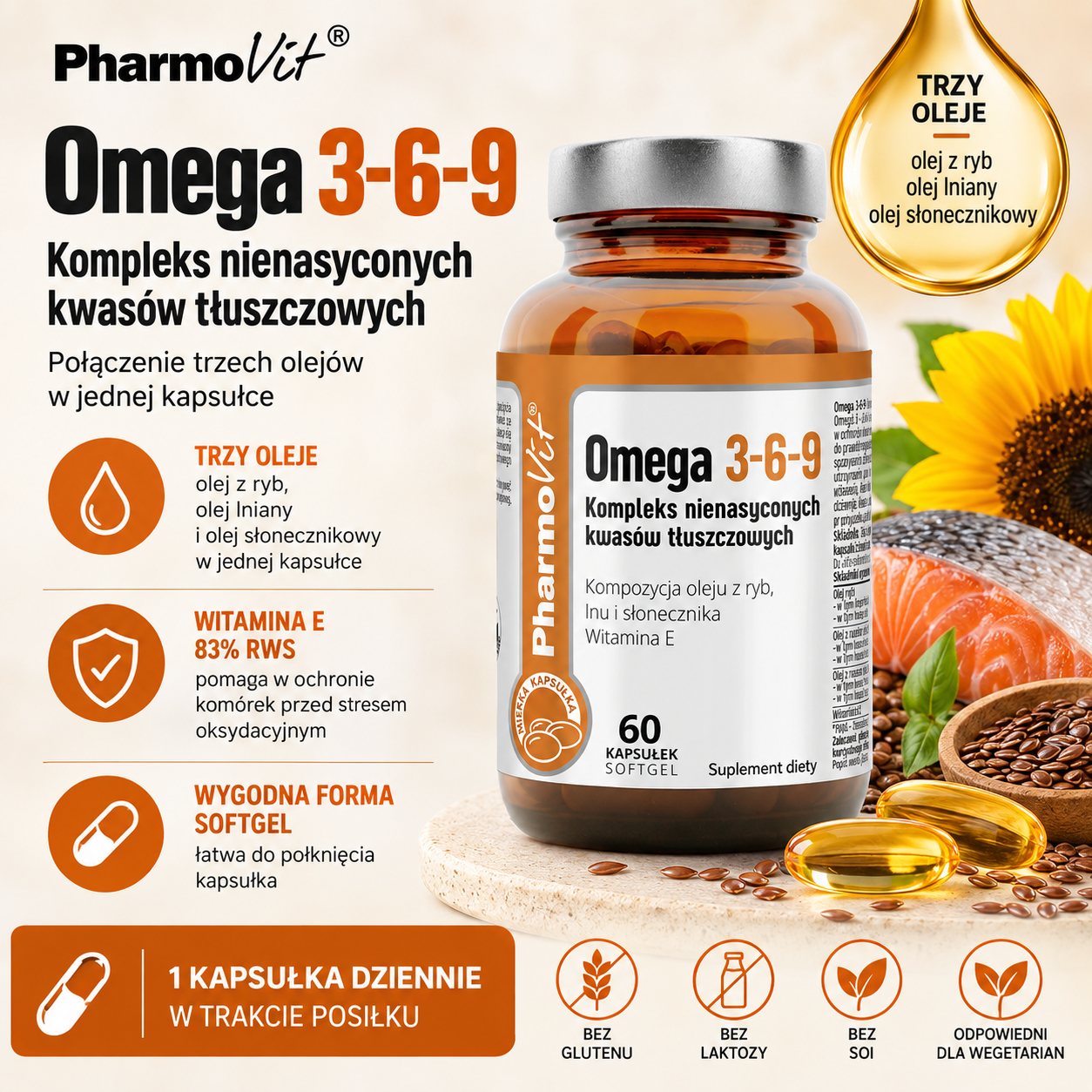 PharmoVit Omega 3-6-9 – suplement diety, 60 kapsułek softgel, kompleks oleju rybiego, lnianego i słonecznikowego z witaminą E.