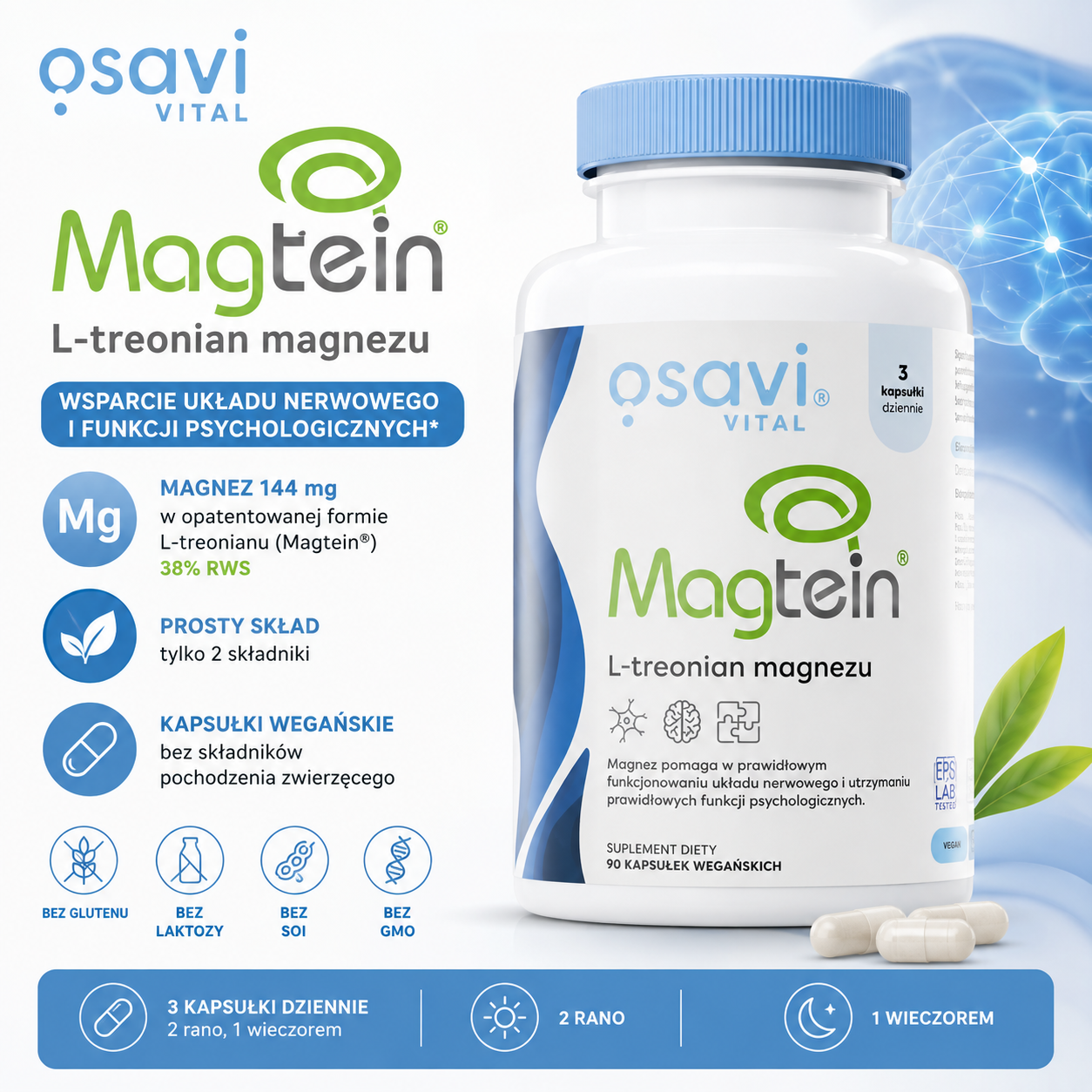 Osavi Magtein L-treonian magnezu – suplement diety, 90 kapsułek wegańskich, zawierający 144 mg magnezu w opatentowanej formie Magtein®, prosty skład.