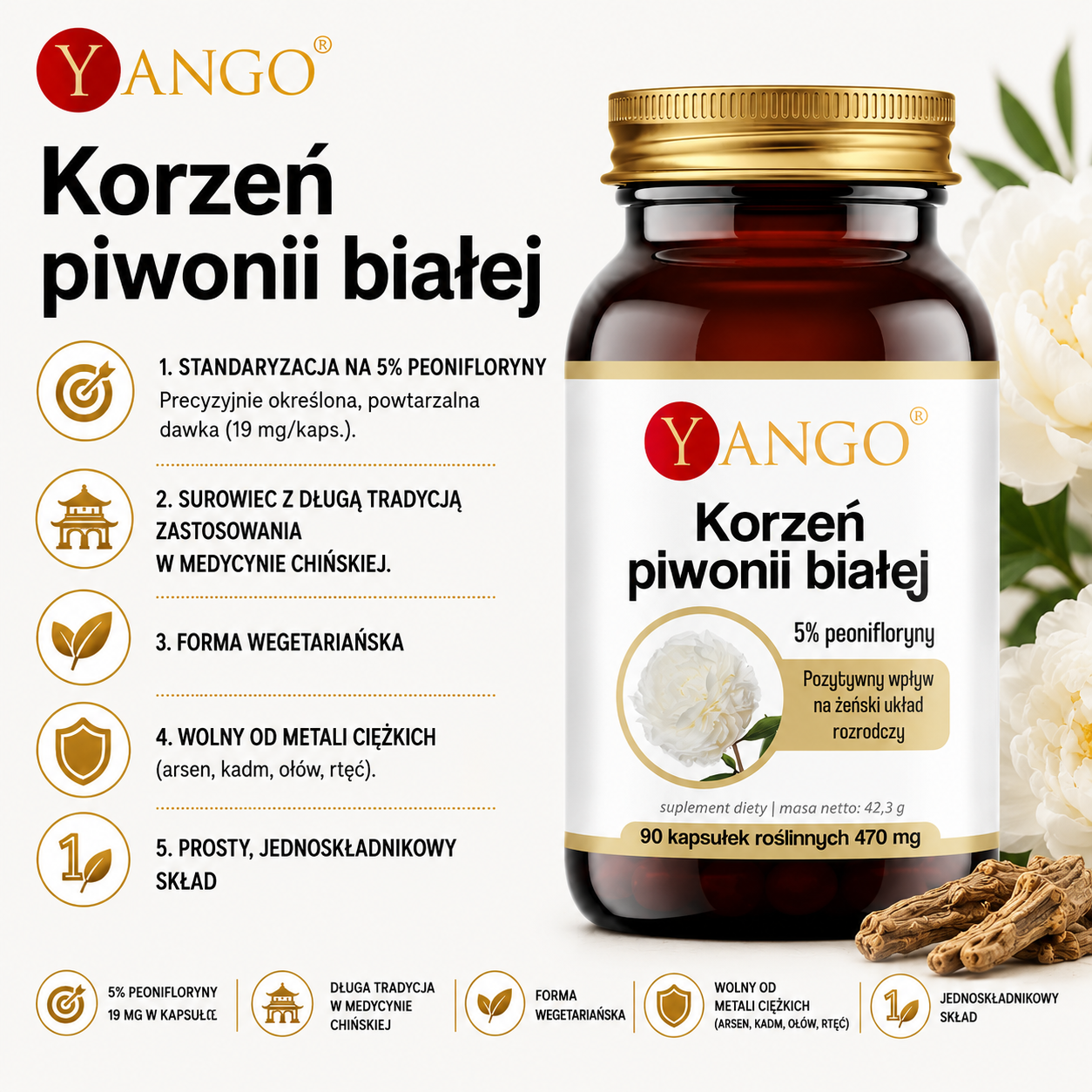 Yango Korzeń piwonii białej – suplement diety, ekstrakt standaryzowany na 5% peonifloriny, 90 kapsułek roślinnych, forma wegetariańska.