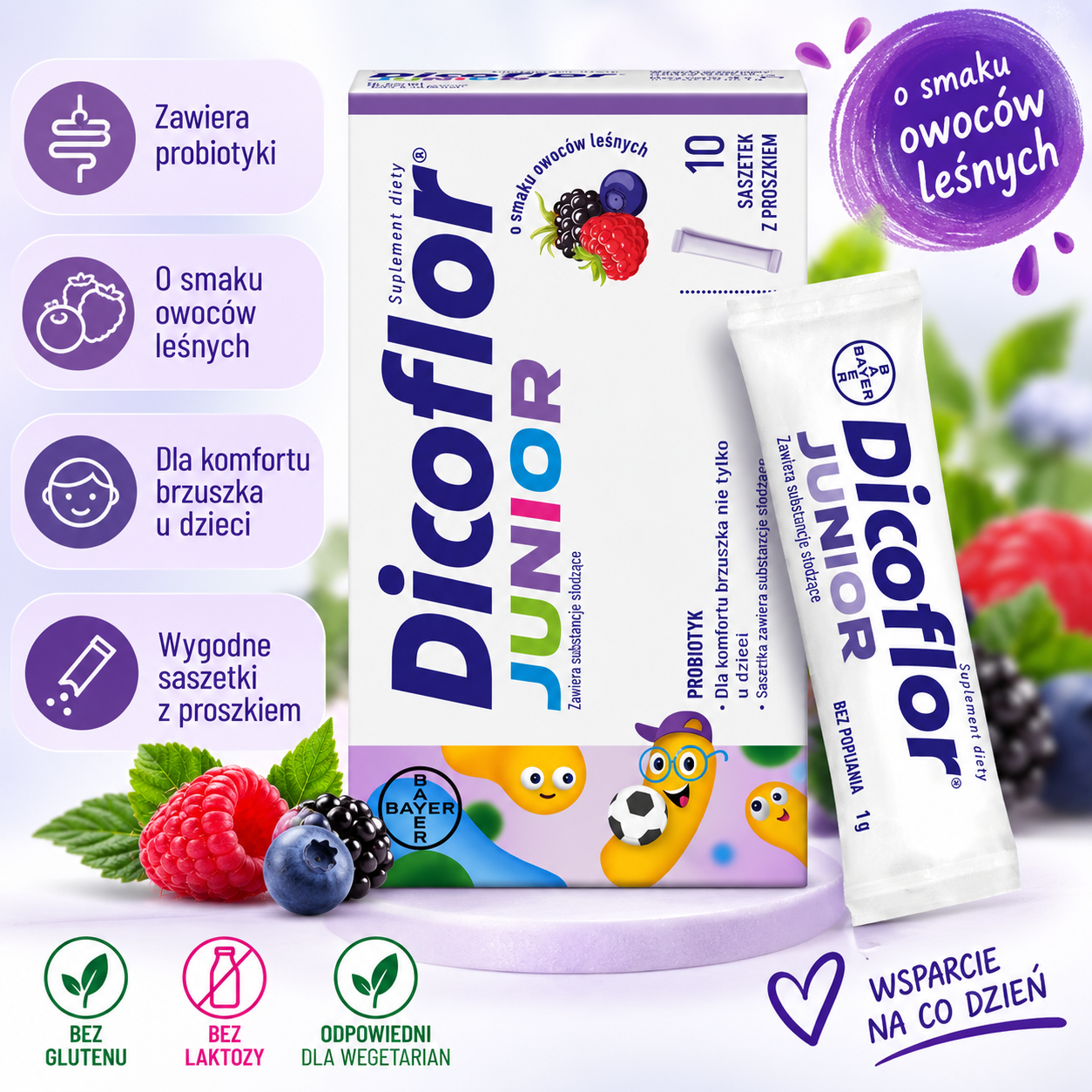 Dicoflor Junior – suplement diety dla dzieci, probiotyk o smaku owoców leśnych, 10 saszetek z proszkiem, wygodnych do stosowania bez popijania.