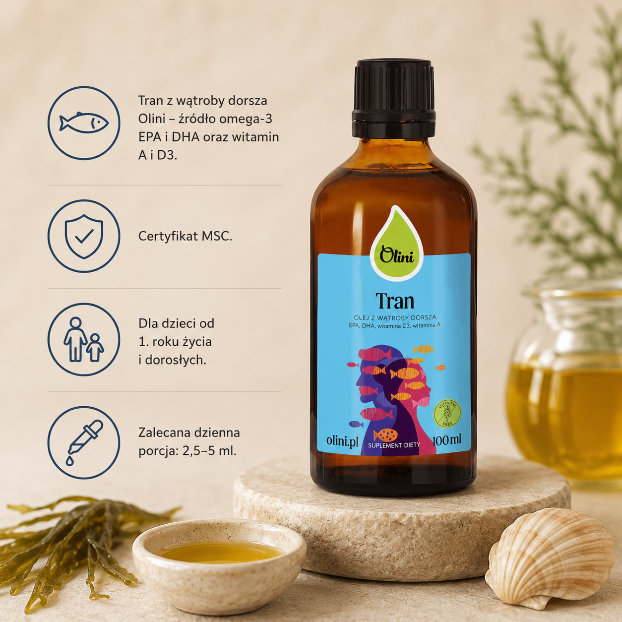 Tran z wątroby dorsza Olini 100 ml – źródło kwasów omega-3 EPA i DHA oraz witamin A i D3, dla dzieci od 1. roku życia i dorosłych.