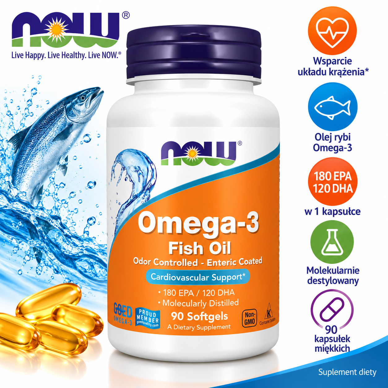 NOW Foods Omega-3 Fish Oil – suplement diety, 90 kapsułek softgel, zawierający 180 mg EPA i 120 mg DHA w kapsułce, olej rybi destylowany molekularnie.