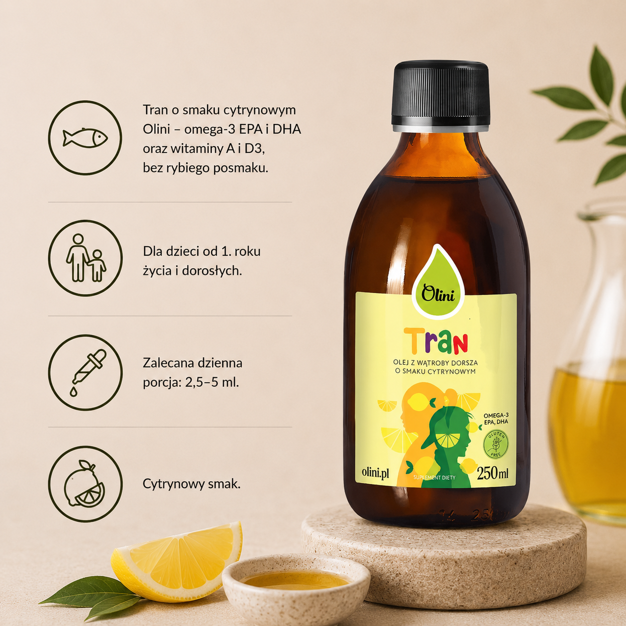 Tran o smaku cytrynowym Olini 250 ml – olej z wątroby dorsza z omega-3 EPA i DHA oraz witaminami A i D3, dla dzieci od 1. roku życia i dorosłych.