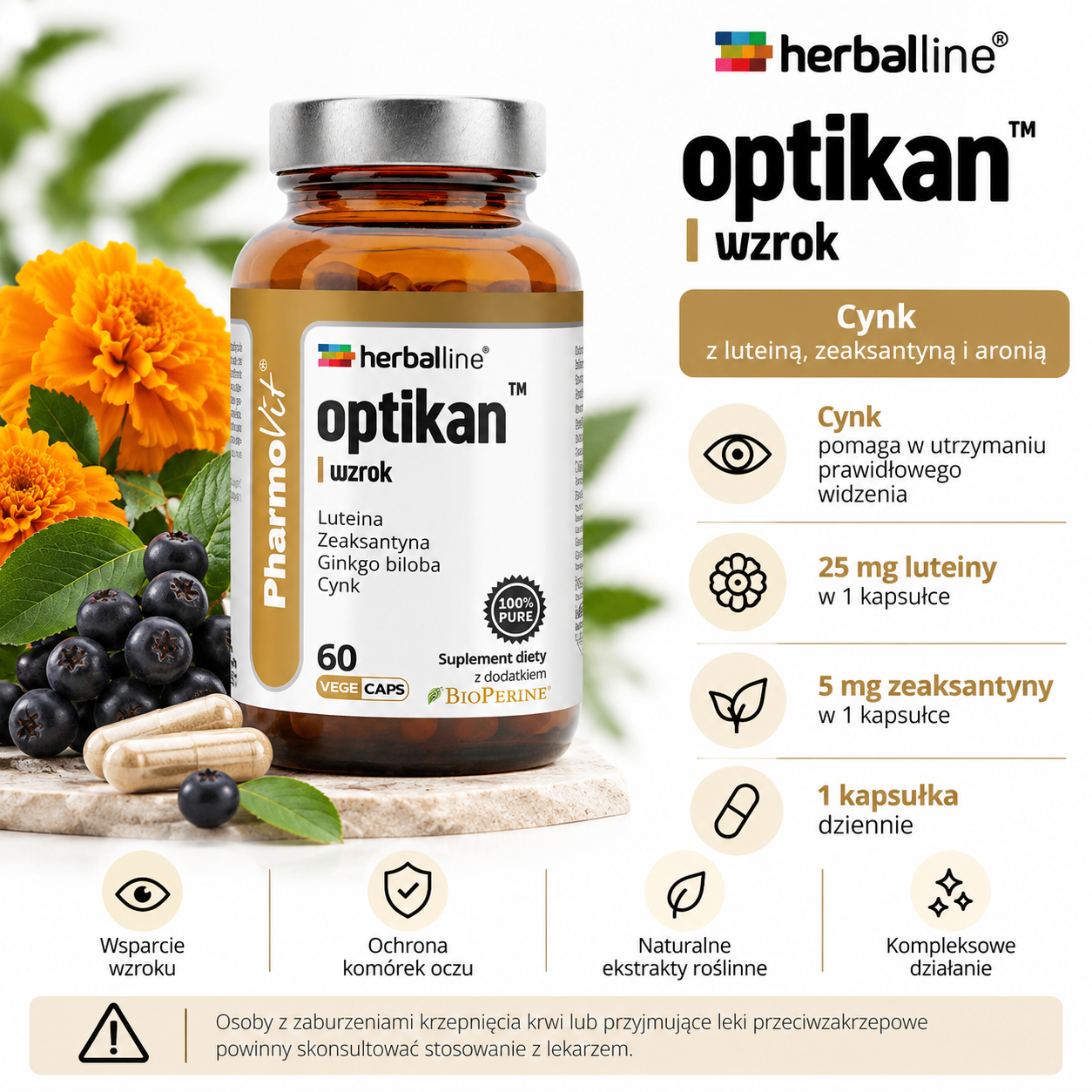 PharmoVit Herballine Optikan™ Wzrok – suplement diety, 60 kapsułek wegańskich, z cynkiem, witaminą C, luteiną, zeaksantyną, aronią i ginkgo biloba.