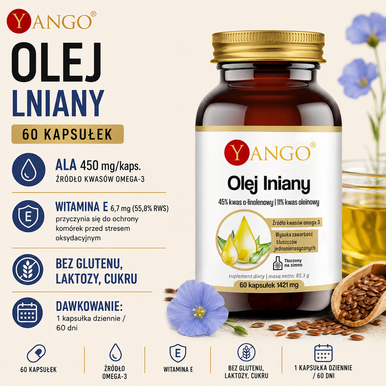 Opakowanie oleju lnianego Yango. Informacje: 60 kapsułek, ALA 450 mg, witamina E, bez glutenu, laktozy, cukru. Grafikę zdobią nasiona i kwiat lnu.