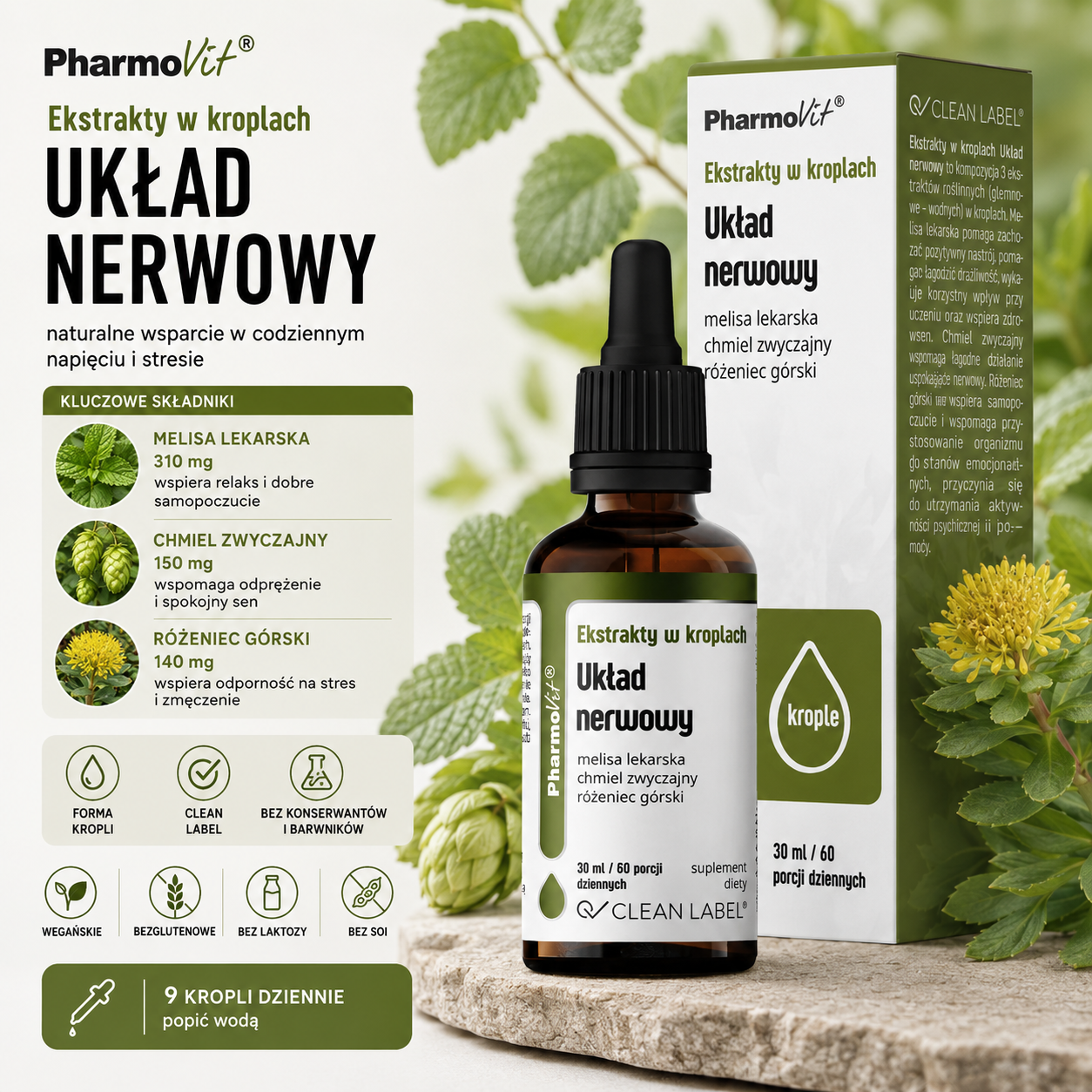 PharmoVit Ekstrakty w kroplach Układ nerwowy – suplement diety 30 ml, z ekstraktami z melisy lekarskiej, chmielu zwyczajnego i różeńca górskiego, Clean Label.