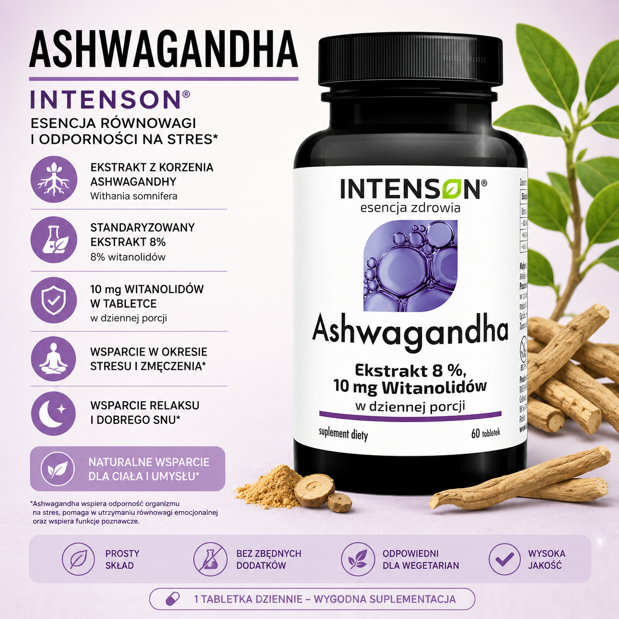 Ashwagandha Intenson 60 tabletek – suplement diety z ekstraktem z korzenia ashwagandhy standaryzowanym na 8% witanolidów, zawierający 10 mg witanolidów w dziennej porcji