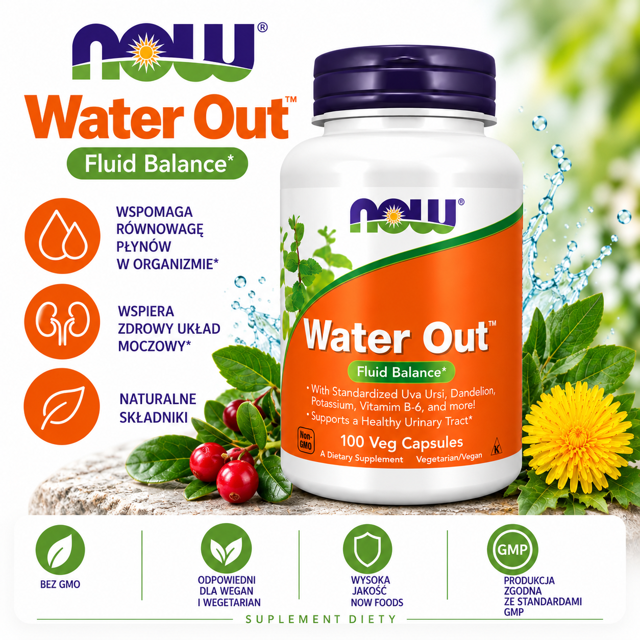 NOW Foods Water Out – suplement diety, 100 kapsułek roślinnych, zawierający m.in. mącznicę lekarską, mniszek lekarski, potas i witaminę B6.