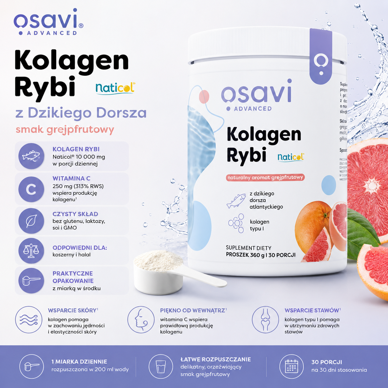 Osavi Kolagen Rybi z Dzikiego Dorsza Naticol® – suplement diety 360 g o smaku grejpfrutowym, z 10 000 mg kolagenu rybiego i 250 mg witaminy C.