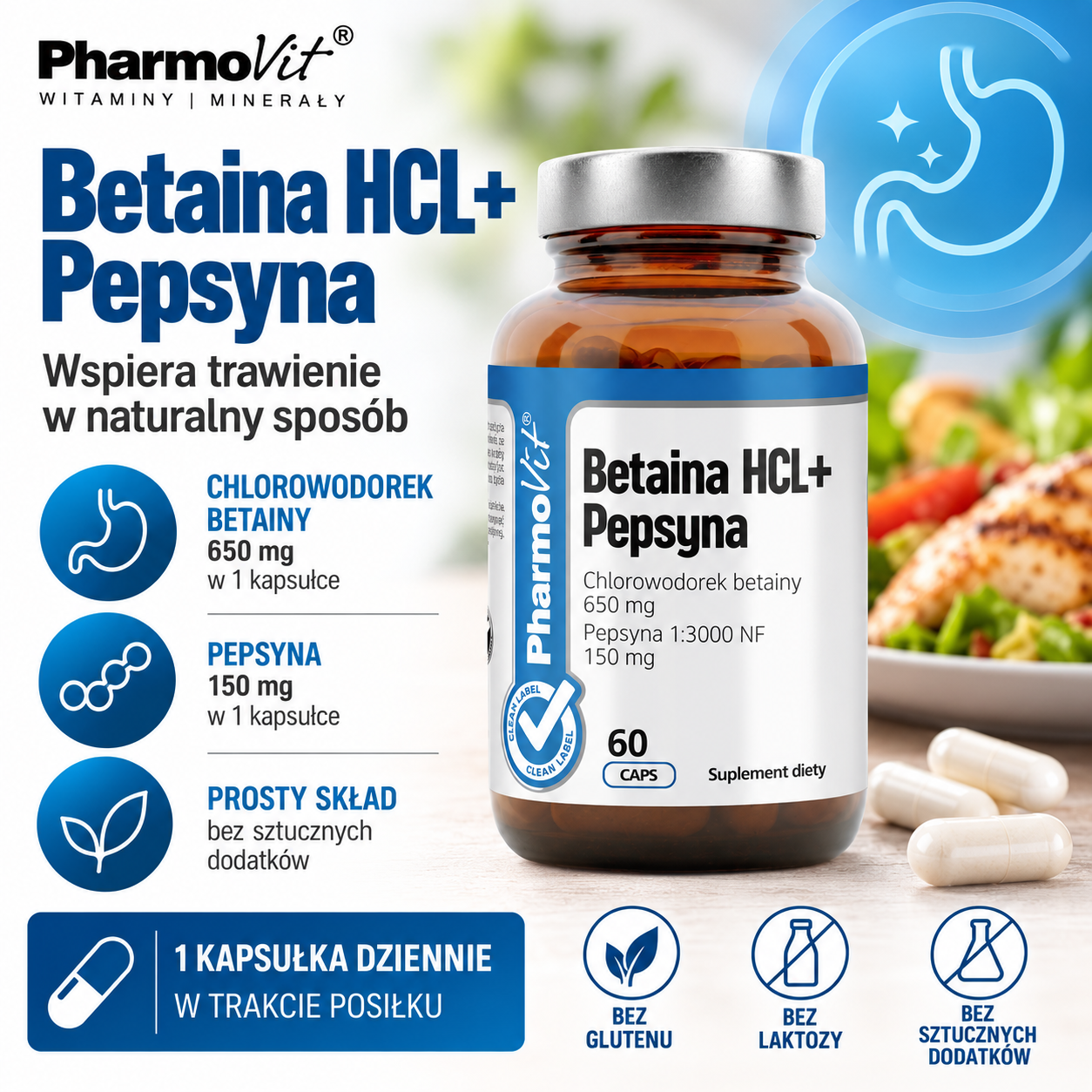 PharmoVit Betaina HCL + Pepsyna – suplement diety, 60 kapsułek, zawierający 650 mg chlorowodorku betainy oraz 150 mg pepsyny.