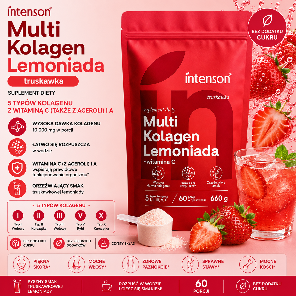 Multi Kolagen Lemoniada Intenson Truskawka 660 g – suplement diety zawierający 5 typów kolagenu oraz witaminy C i A, o smaku truskawkowym, bez dodatku cukru.