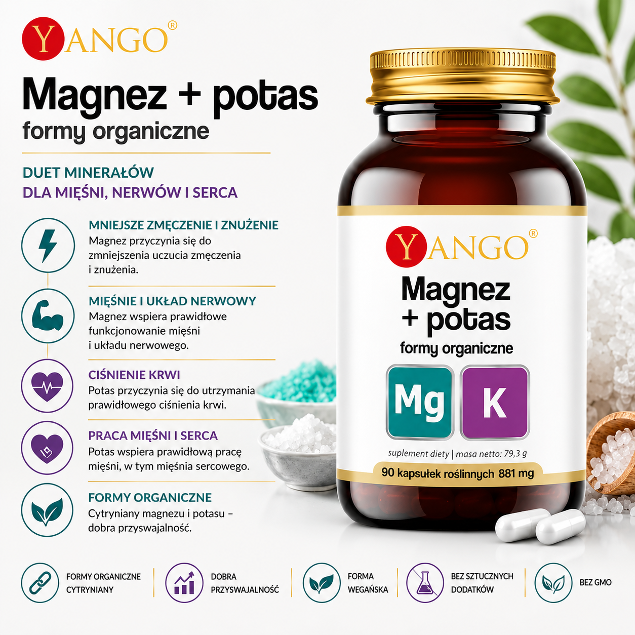Magnez + Potas, 90 kapsułek roślinnych – suplement diety z organicznymi formami magnezu i potasu, wspierającymi prawidłową pracę mięśni i układu nerwowego, w formule wegańskiej bez GMO.