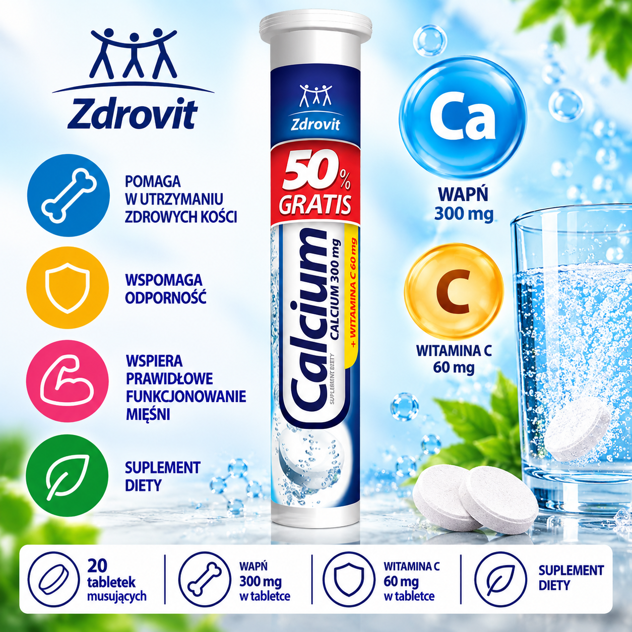 Zdrovit Calcium 300 mg + witamina C 60 mg – suplement diety w tabletkach musujących, zawierający wapń i witaminę C.