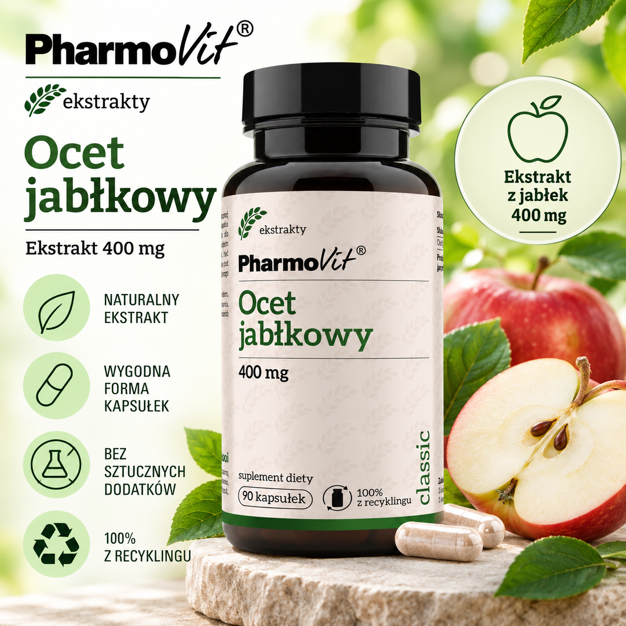 PharmoVit Ocet jabłkowy 400 mg – suplement diety, 90 kapsułek, zawierający 400 mg ekstraktu z jabłek, w wygodnej formie kapsułek.