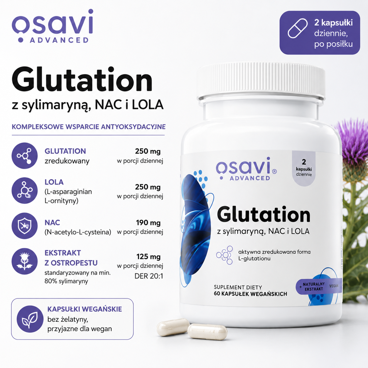 Osavi Advanced Glutation z sylimaryną, NAC i LOLA – suplement diety, 60 kapsułek wegańskich, z glutationem zredukowanym, NAC i ekstraktem z ostropestu.