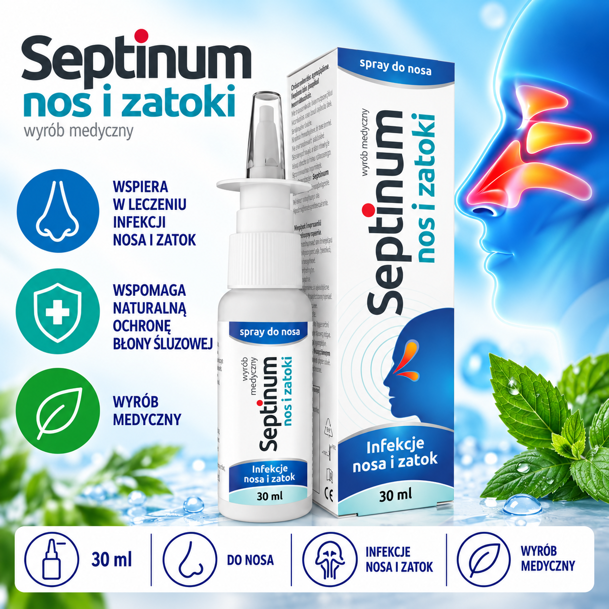 Septinum nos i zatoki – wyrób medyczny w sprayu do nosa, 30 ml, przeznaczony do stosowania przy infekcjach nosa i zatok.