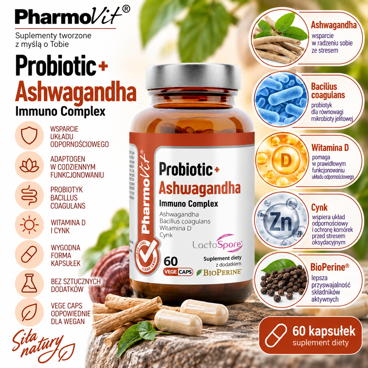 PharmoVit Probiotic + Ashwagandha Immuno Complex – suplement diety, 60 kapsułek wegańskich, z ashwagandhą, Bacillus coagulans, witaminą D, cynkiem i BioPerine®.