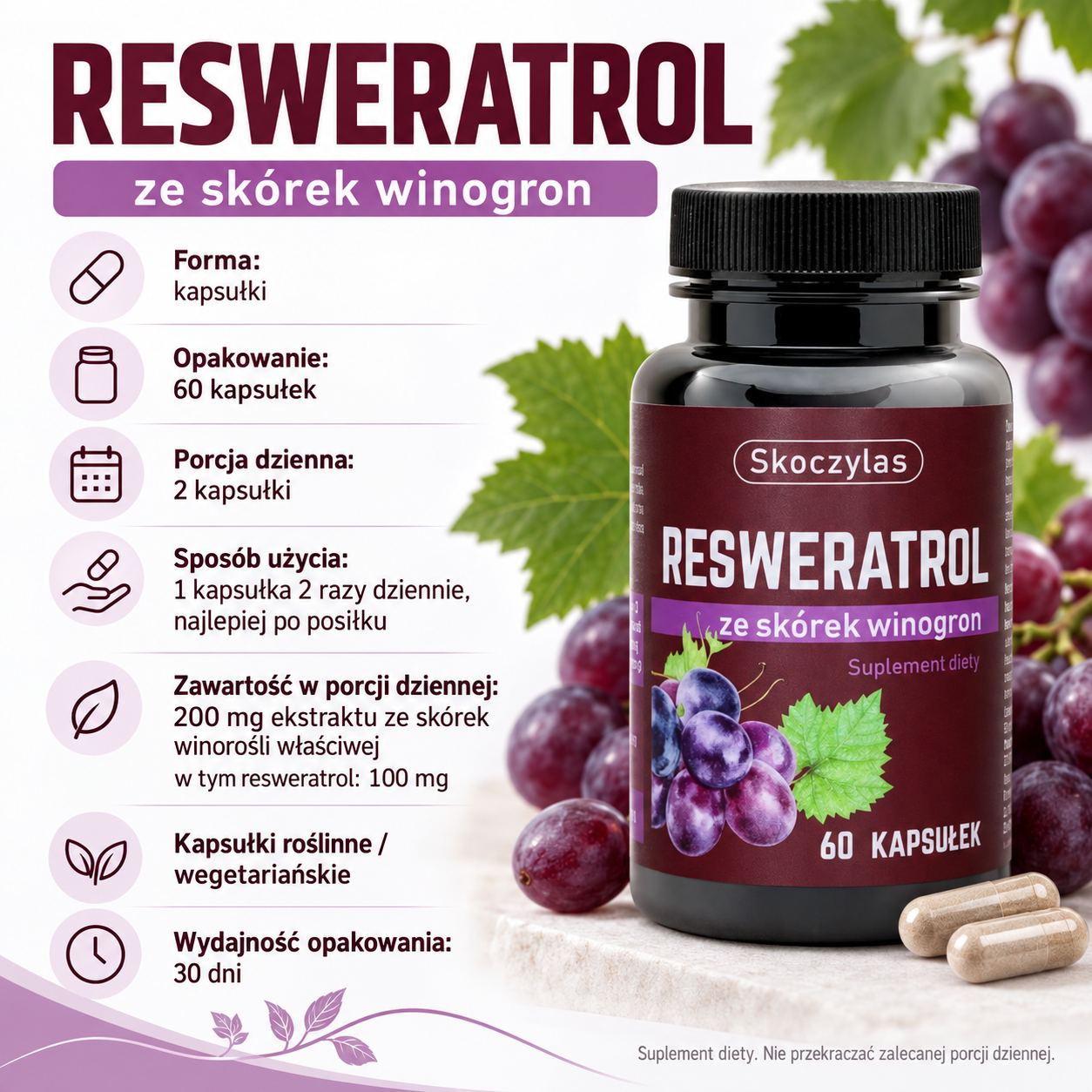 Skoczylas Resweratrol ze skórek winogron 60 kapsułek – grafika informacyjna z opakowaniem produktu, zalecaną porcją 2 kapsułki dziennie oraz zawartością 100 mg resweratrolu w porcji dziennej