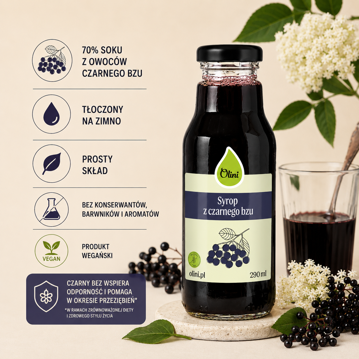 Syrop z czarnego bzu Olini 290 ml – zawiera 70% soku z owoców czarnego bzu, tłoczony na zimno, o prostym składzie, bez konserwantów