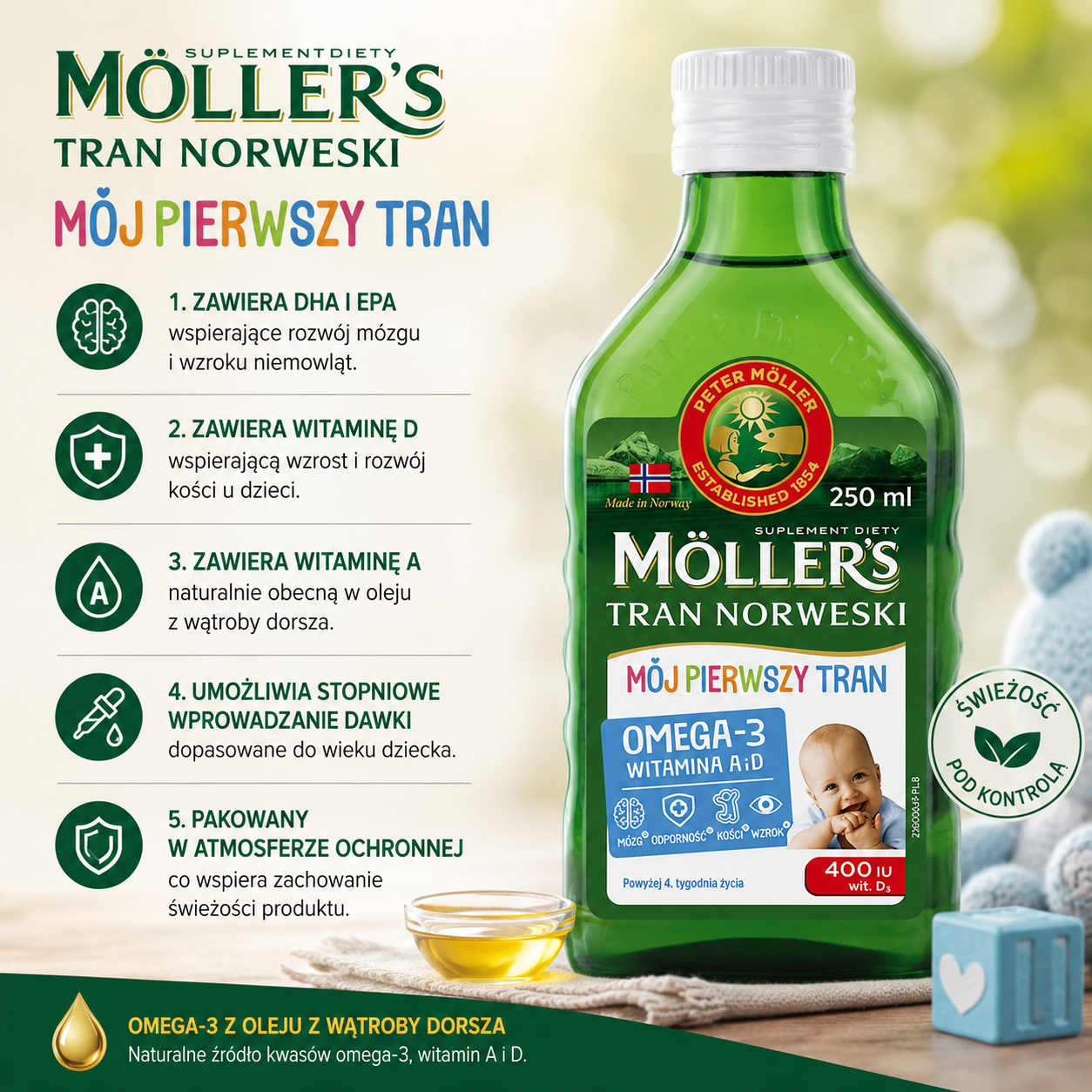 Möller’s Tran Norweski Mój Pierwszy Tran 250 ml – suplement dla dzieci z kwasami omega-3 DHA i EPA oraz witaminami A i D, wspierającymi prawidłowy rozwój mózgu, wzroku i kości.