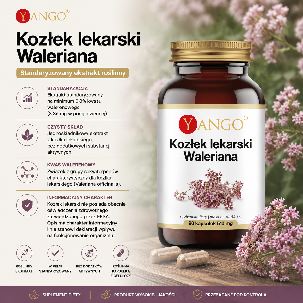 Opakowanie suplementu diety "Kozłek lekarski Waleriana" z informacjami o składzie, standardyzacji i zaletach produktu.