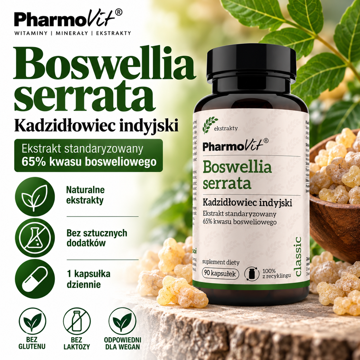 PharmoVit Boswellia serrata Kadzidłowiec indyjski – suplement diety, 90 kapsułek, zawierający ekstrakt standaryzowany na 65% kwasu bosweliowego.