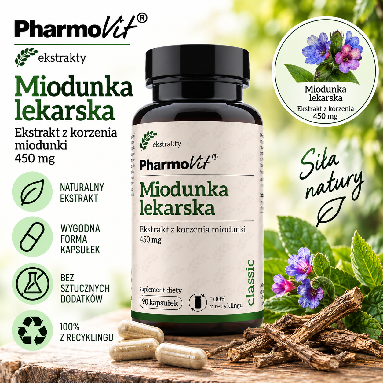 PharmoVit Miodunka lekarska – suplement diety, 90 kapsułek, zawierający 450 mg ekstraktu z korzenia miodunki lekarskiej.