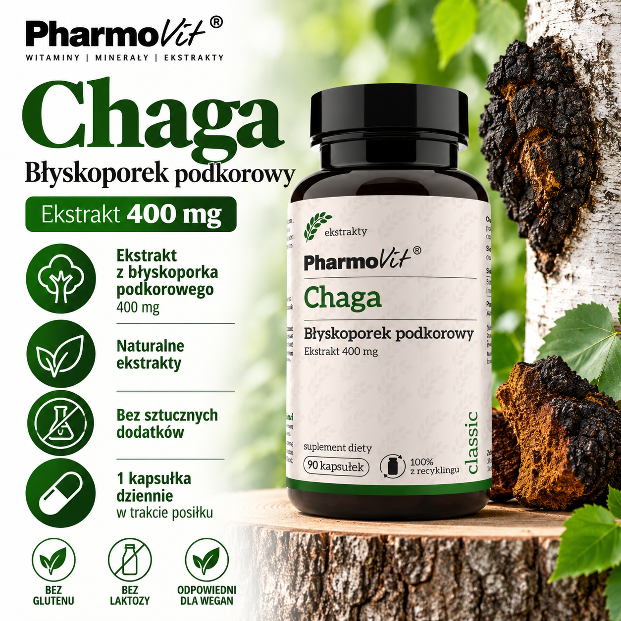 PharmoVit Chaga Błyskoporek podkorowy – suplement diety, 90 kapsułek, zawierający 400 mg ekstraktu z błyskoporka podkorowego w porcji dziennej.