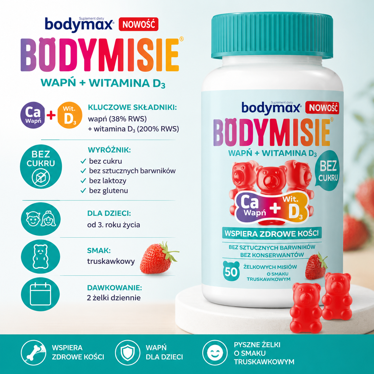Bodymax Bodymisie Wapń + Witamina D3, 50 żelków o smaku truskawkowym – suplement diety dla dzieci od 3. roku życia, zawierający wapń i witaminę D3, bez cukru, glutenu, laktozy i sztucznych barwników.