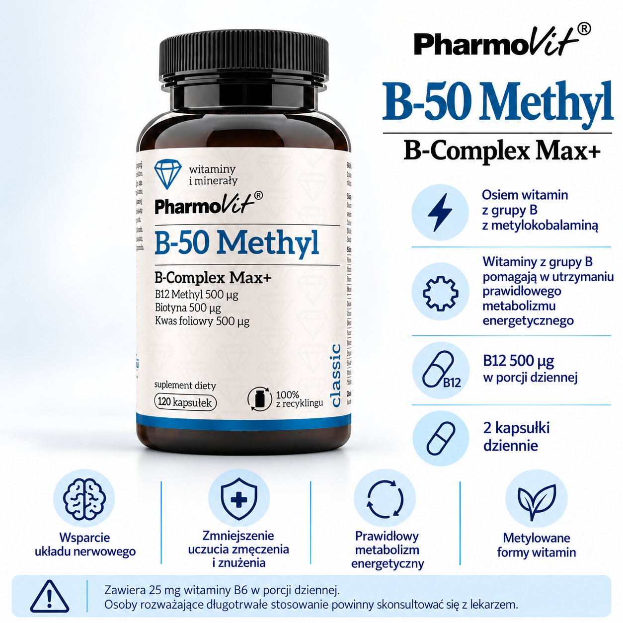 PharmoVit B-50 Methyl B-Complex Max+ – suplement diety, 120 kapsułek, kompleks witamin z grupy B z witaminą B12, biotyną i kwasem foliowym.