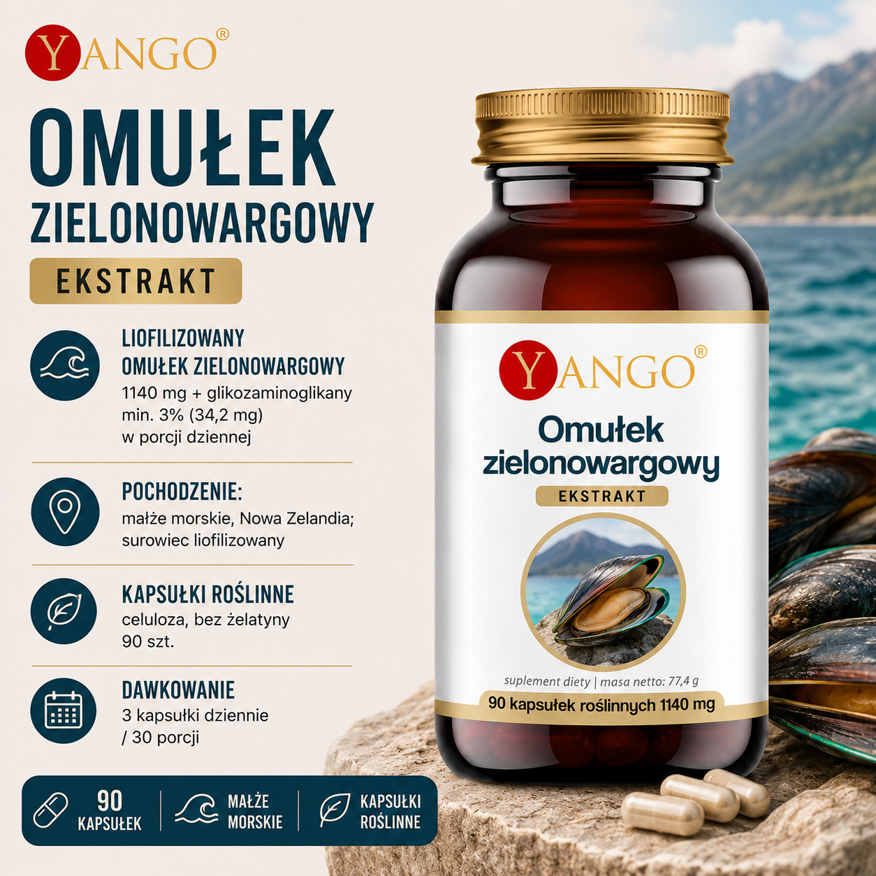 Butelka suplementu diety z wyciągiem z omułka zielonowargowego na tle morza, z opisem składników i pochodzenia.