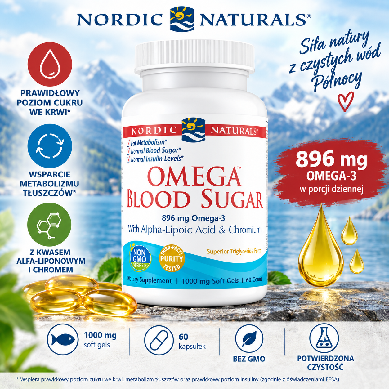 Nordic Naturals Omega Blood Sugar – suplement diety, 60 kapsułek softgel, zawierający 896 mg kwasów omega-3 oraz kwas alfa-liponowy i chrom.