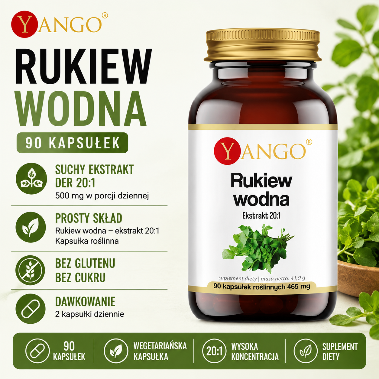 Opakowanie suplementu diety YANGO z ekstraktem z rukwi wodnej, zawierające 90 kapsułek roślinnych. Bez glutenu i cukru, wegetariański.