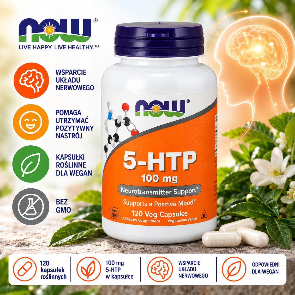 NOW Foods 5-HTP 100 mg – suplement diety, 120 kapsułek roślinnych, odpowiedni dla wegan, bez GMO.