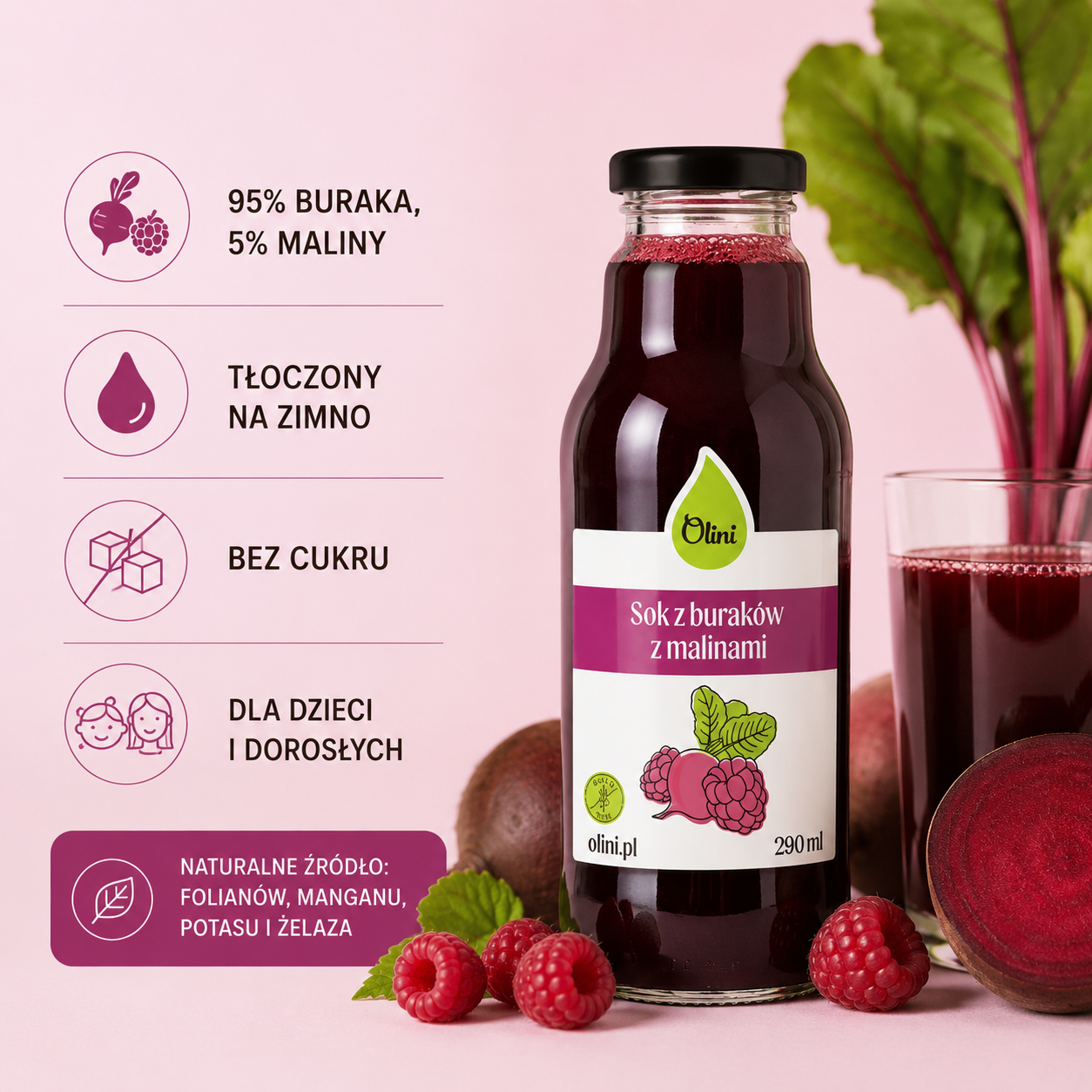 Sok z buraków z malinami Olini 290 ml – tłoczony na zimno sok zawierający 95% buraka i 5% malin, bez dodatku cukru, dla dzieci i dorosłych