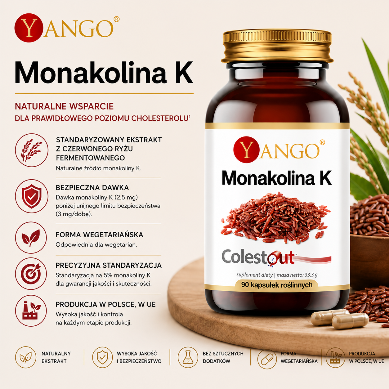 Monakolina K, 90 kapsułek roślinnych – suplement diety ze standaryzowanym ekstraktem z czerwonego ryżu fermentowanego, zawierającym 2,5 mg monakoliny K, w formule wegetariańskiej.