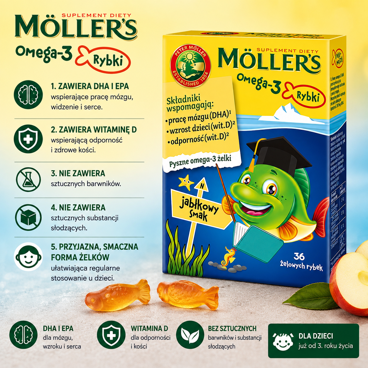 Möller’s Omega-3 Rybki o smaku jabłkowym, 36 żelków dla dzieci z DHA, EPA i witaminą D, bez sztucznych barwników i substancji słodzących.