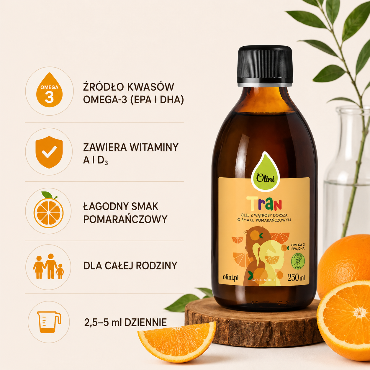 Tran o smaku pomarańczowym Olini 250 ml – suplement diety zawierający kwasy omega-3 EPA i DHA oraz witaminy A i D3, dla całej rodziny.