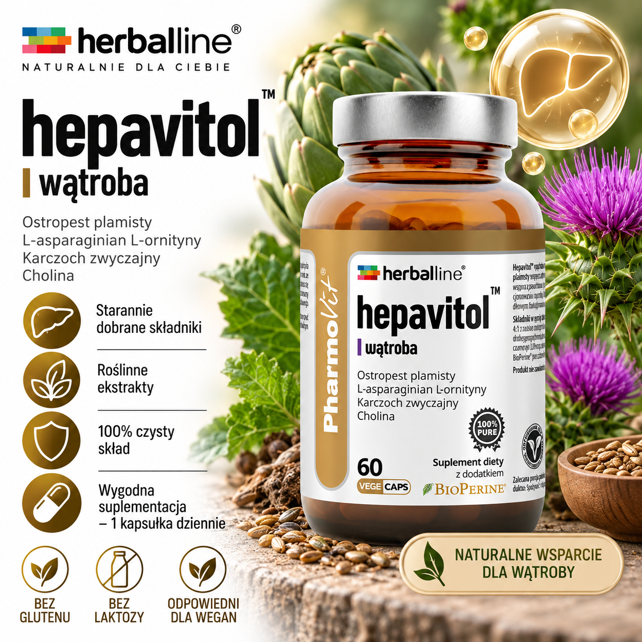 PharmoVit Herballine Hepavitol – suplement diety, 60 kapsułek, zawierający ostropest plamisty, L-asparaginian L-ornityny, karczoch zwyczajny i cholinę.