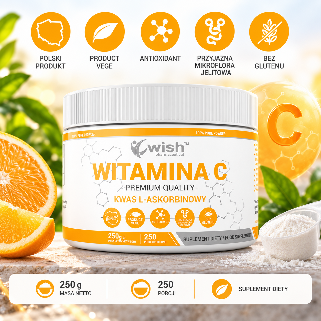 Wish Witamina C – suplement diety w proszku, 250 g, zawierający kwas L-askorbinowy, 250 porcji.
