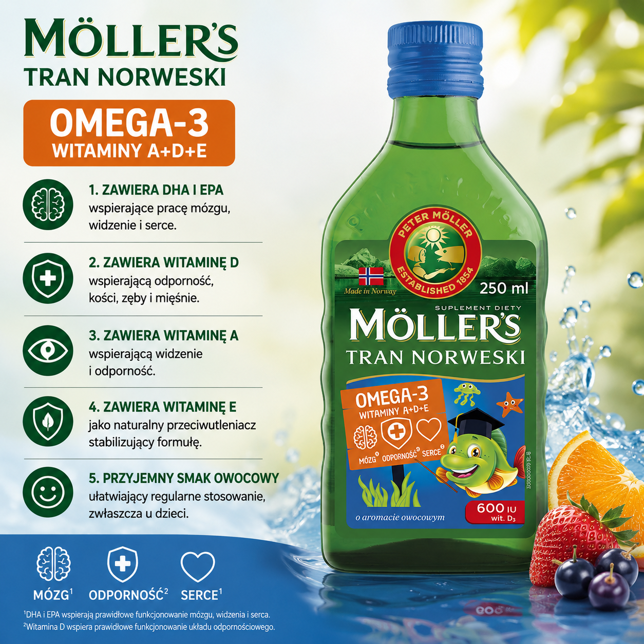Möller’s Tran Norweski Omega-3 z witaminami A, D i E, 250 ml – suplement diety o smaku owocowym, zawierający DHA i EPA oraz witaminy wspierające m.in. odporność, wzrok i zdrowe kości.
