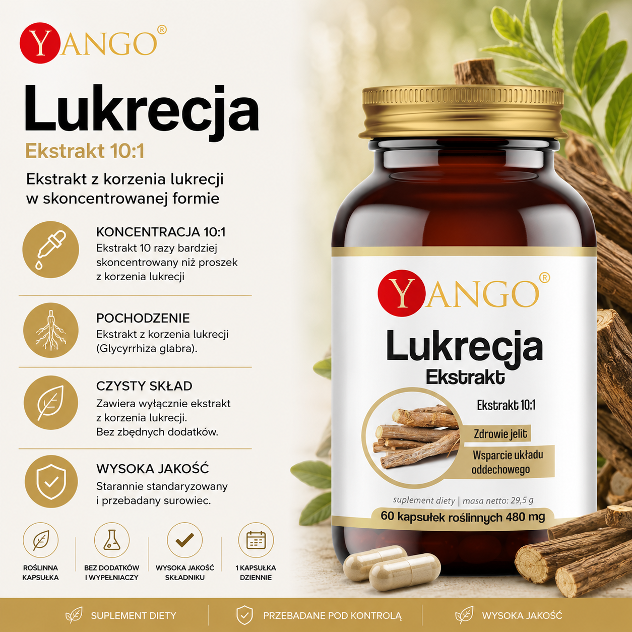 Suplement diety Yango z ekstraktem z lukrecji, przedstawiony na tle liści lukrecji. Informacje o koncentracji, składzie i jakości produktu.