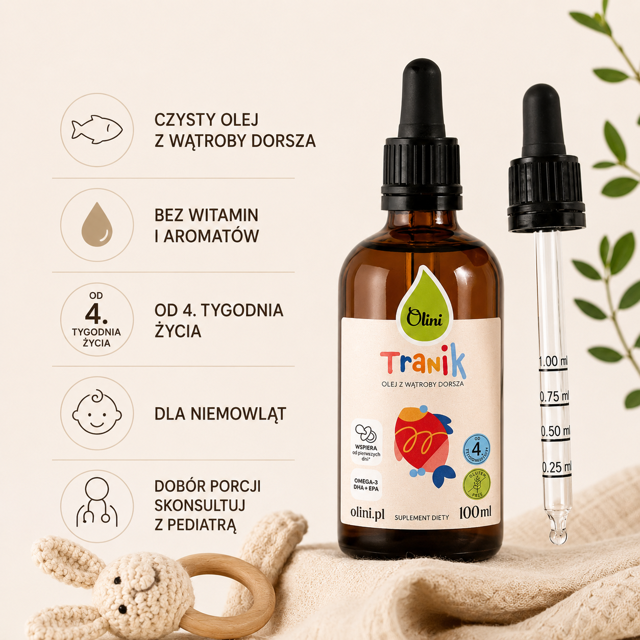 Tran dla niemowląt Olini Tranik 100 ml – czysty olej z wątroby dorsza z kwasami omega-3 DHA i EPA, bez dodatku witamin i aromatów, z pipetą do odmierzania porcji.