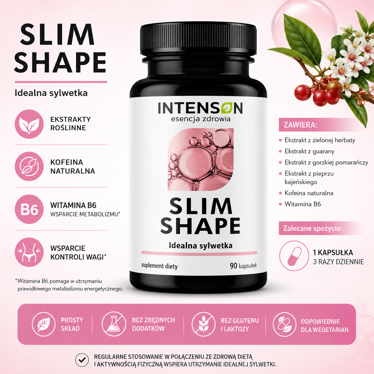 Slim Shape Intenson 90 kapsułek – suplement diety z ekstraktami roślinnymi, naturalną kofeiną i witaminą B6; zalecane spożycie 1 kapsułka 3 razy dziennie.